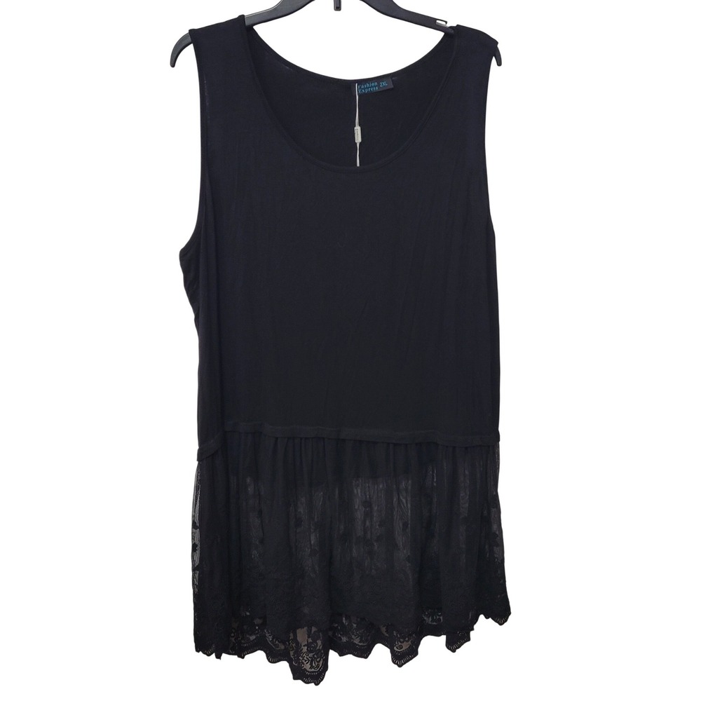NWT Fashion Express Black‎ Lace Trim Tunic Tank Top Womens 2XL Sleeveless